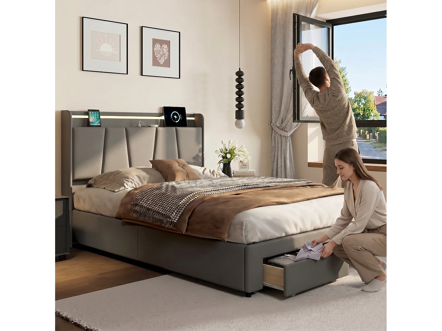 Lit coffre 160x200 cm avec sommier à lattes, LED RGB et tiroirs de rangement, lit double en lin gris