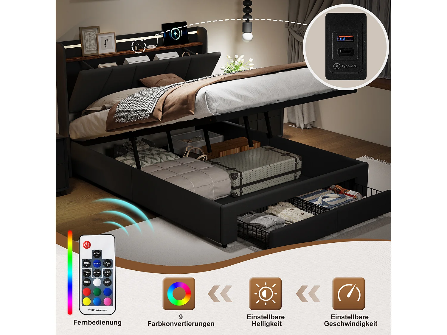 Lit coffre 160x200 cm avec sommier à lattes, LED RGB et tiroirs de rangement, lit double en lin gris