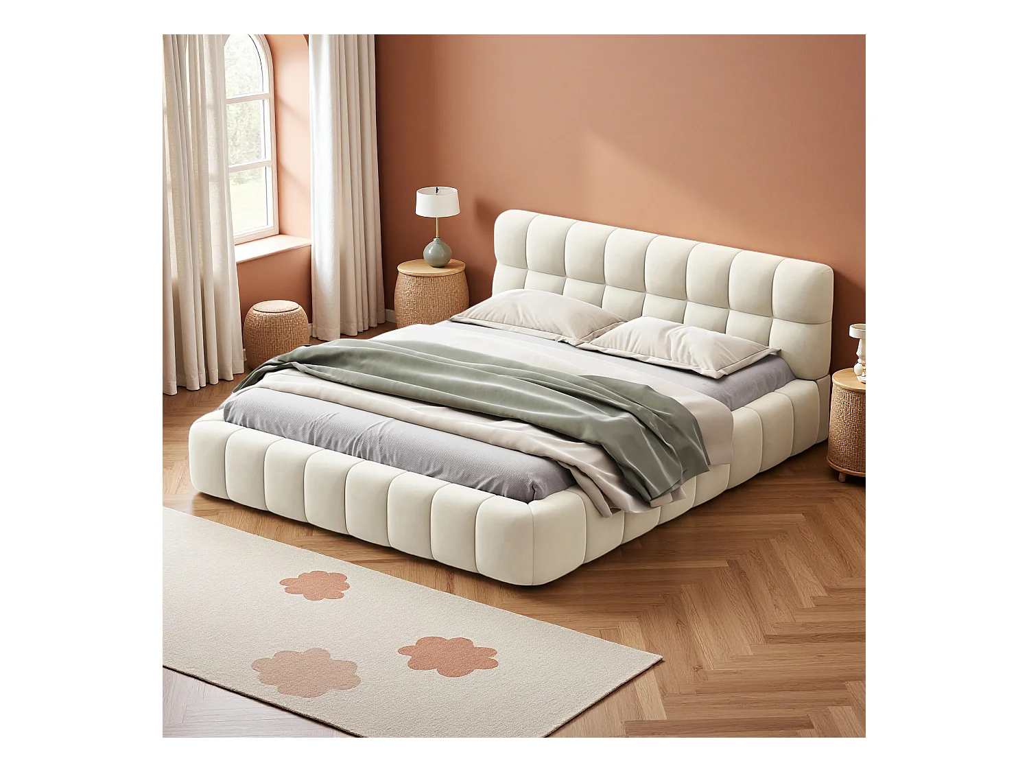 Lit 140x190 cm avec sommier à lattes - NEXU - Style crémeux - Lit capitonné en tissu lin 140x200 cm - lit adulte 140x190 cm - cadre de lit 140x190 cm - beige