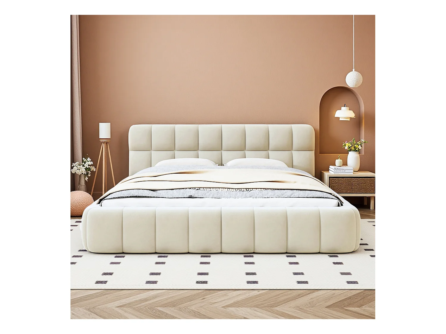 Lit 140x190 cm avec sommier à lattes - NEXU - Style crémeux - Lit capitonné en tissu lin 140x200 cm - lit adulte 140x190 cm - cadre de lit 140x190 cm - beige