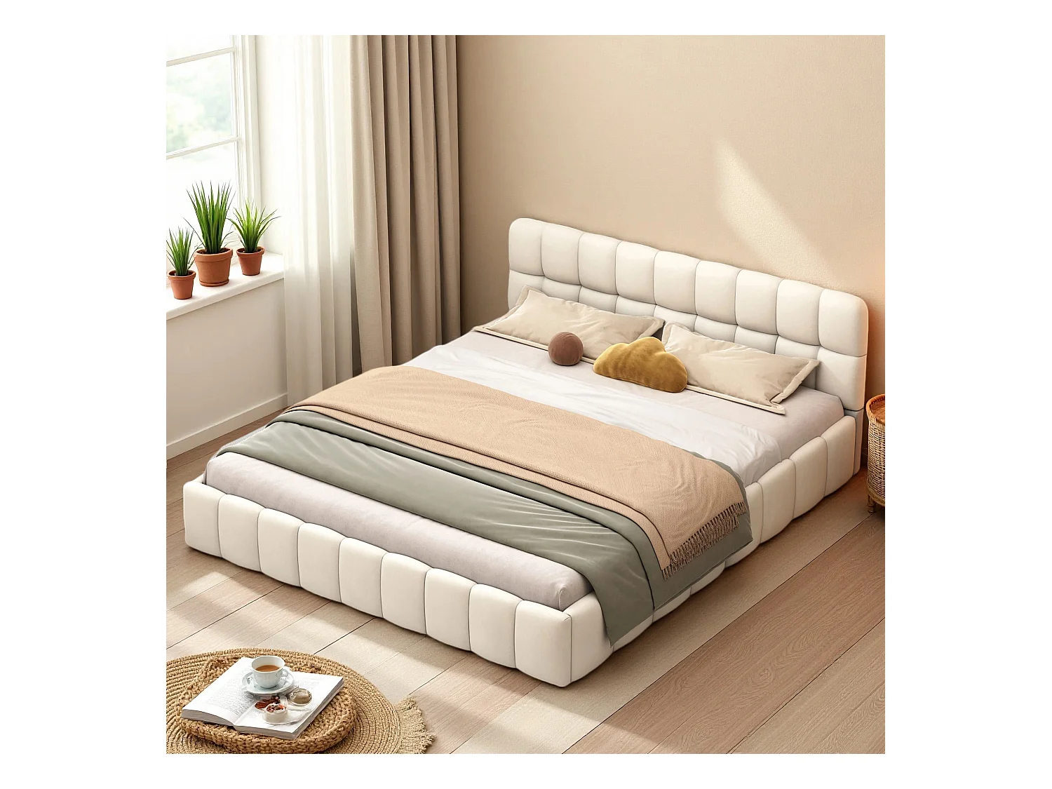 Lit 140x190 cm avec sommier à lattes - NEXU - Style crémeux - Lit capitonné en tissu lin 140x200 cm - lit adulte 140x190 cm - cadre de lit 140x190 cm - beige