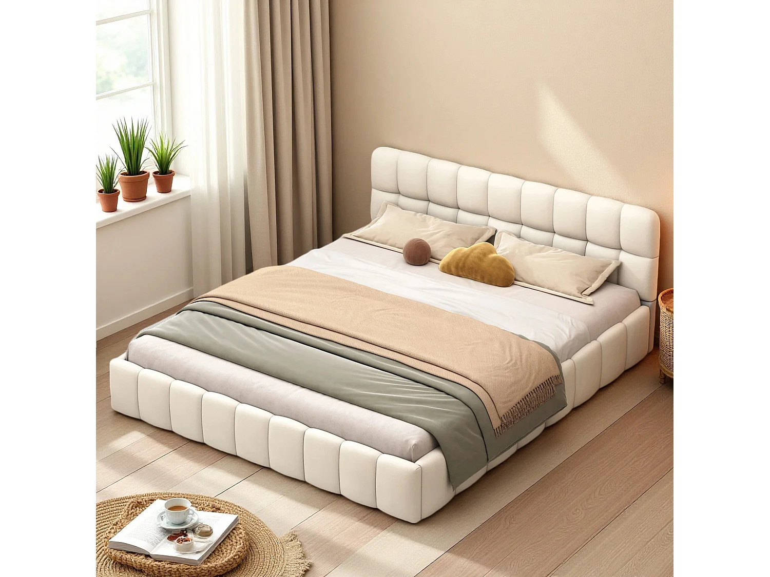 Lit 140x190 cm avec sommier à lattes - NEXU - Style crémeux - Lit capitonné en tissu lin 140x190 cm - lit adulte 140x190 cm - cadre de lit 140x190 cm - beige