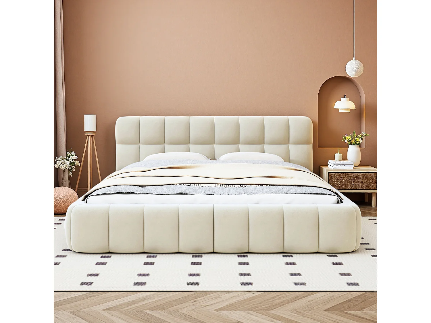 Lit capitonné 140 x 190 cm - NEXU - Lit adulte avec sommier à lattes - tissu effet lin beige - style crémeux