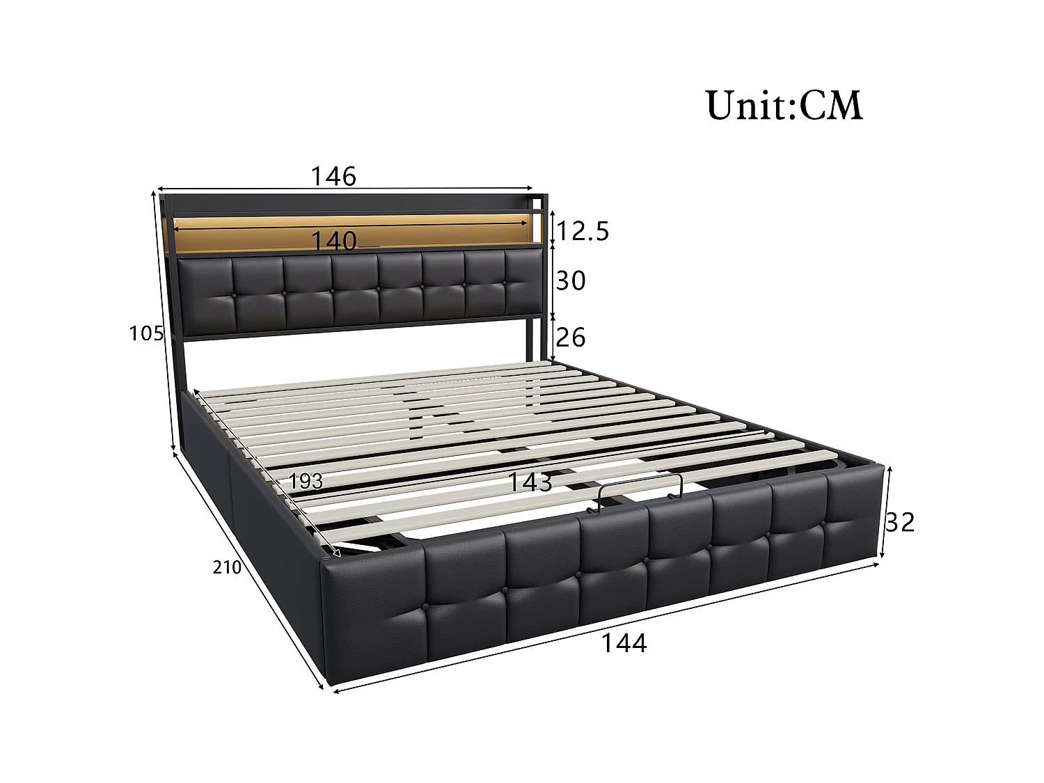Lit 140x190 cm avec sommier à lattes - NEXU - LED- lit adulte 140x190 cm - tissu en PU - cadre de lit coffre 140x190 cm - noir