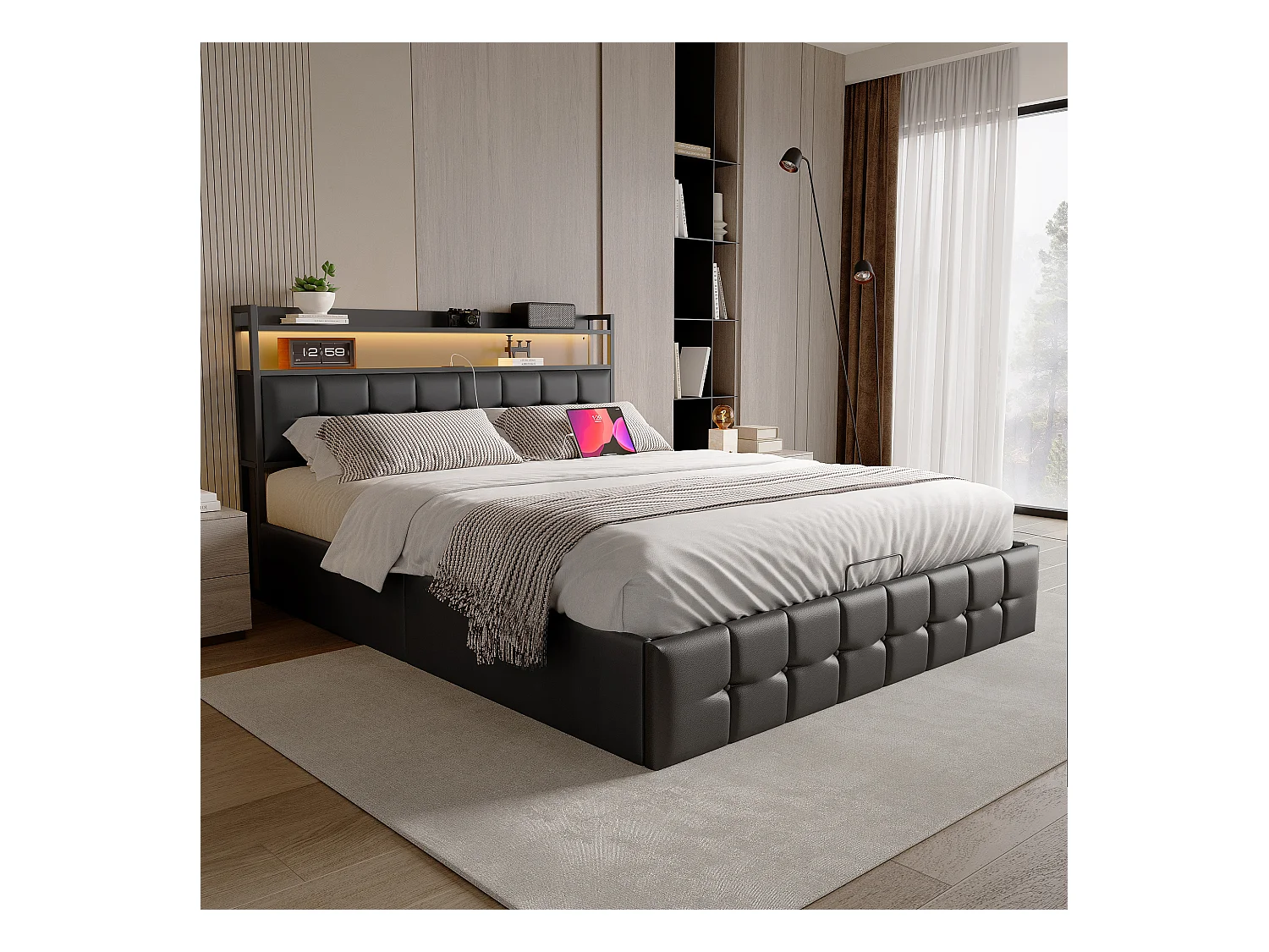 Lit 140x190 cm - NEXU - LED - tissu en PU - cadre de lit coffre 140x190 cm - noir