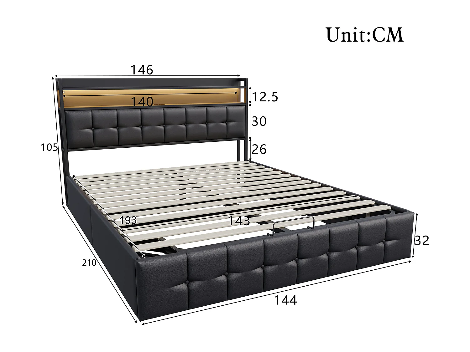Lit 140x190 cm avec sommier à lattes - NEXU - LED- lit adulte 140x190 cm - tissu en PU - cadre de lit coffre 140x190 cm - noir