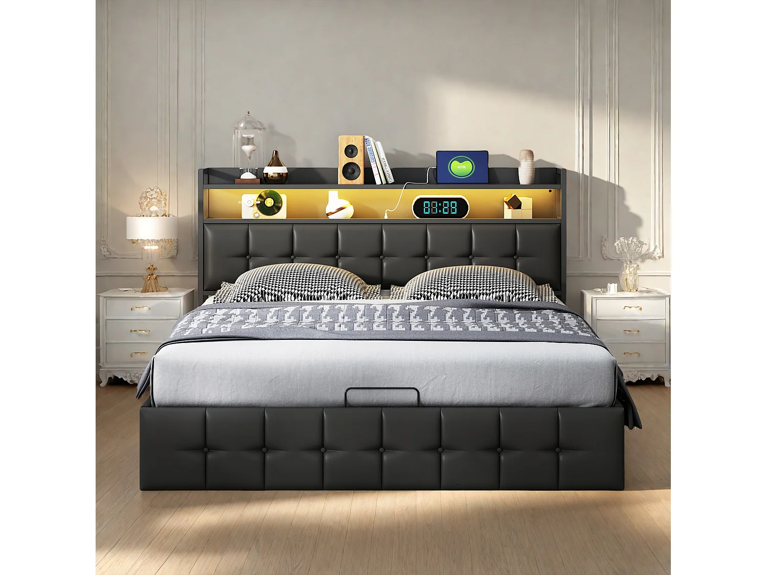 Lit coffre adulte 140x190 cm avec sommier à lattes et LED, cadre de lit en PU noir