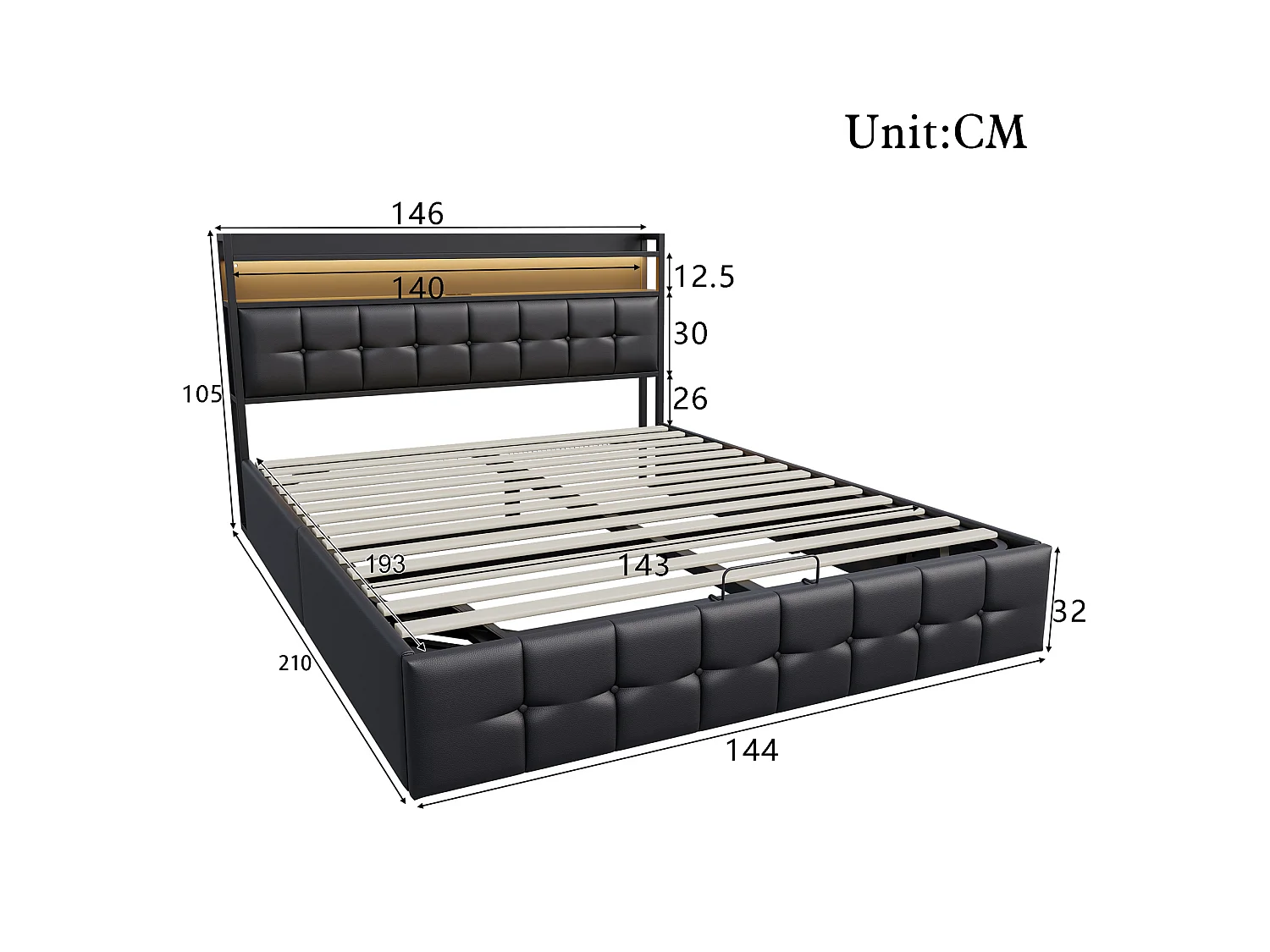 Lit coffre adulte 140x190 cm avec sommier à lattes et LED, cadre de lit en PU noir