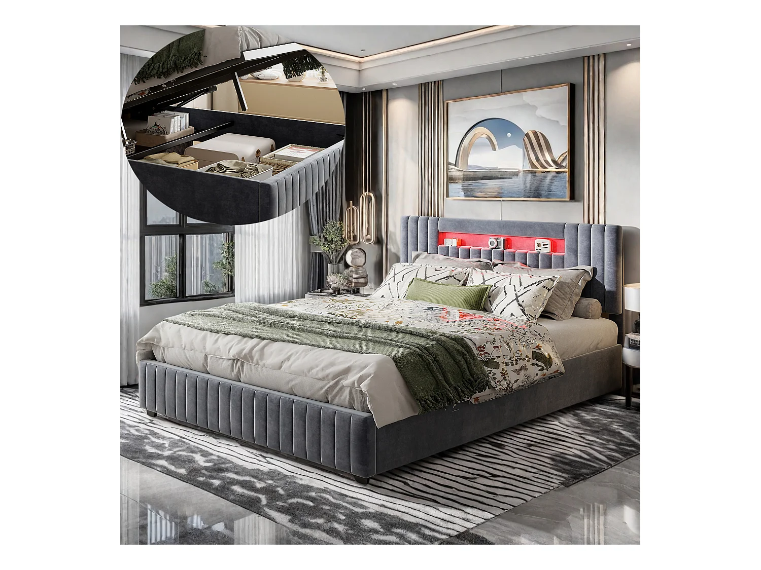 Lit 140x200 cm avec sommier à lattes - NEXU - lit 140x200 cm Capitonné avec LED RGB et coffre - lit adulte 140x200 cm tissu en velours - gris