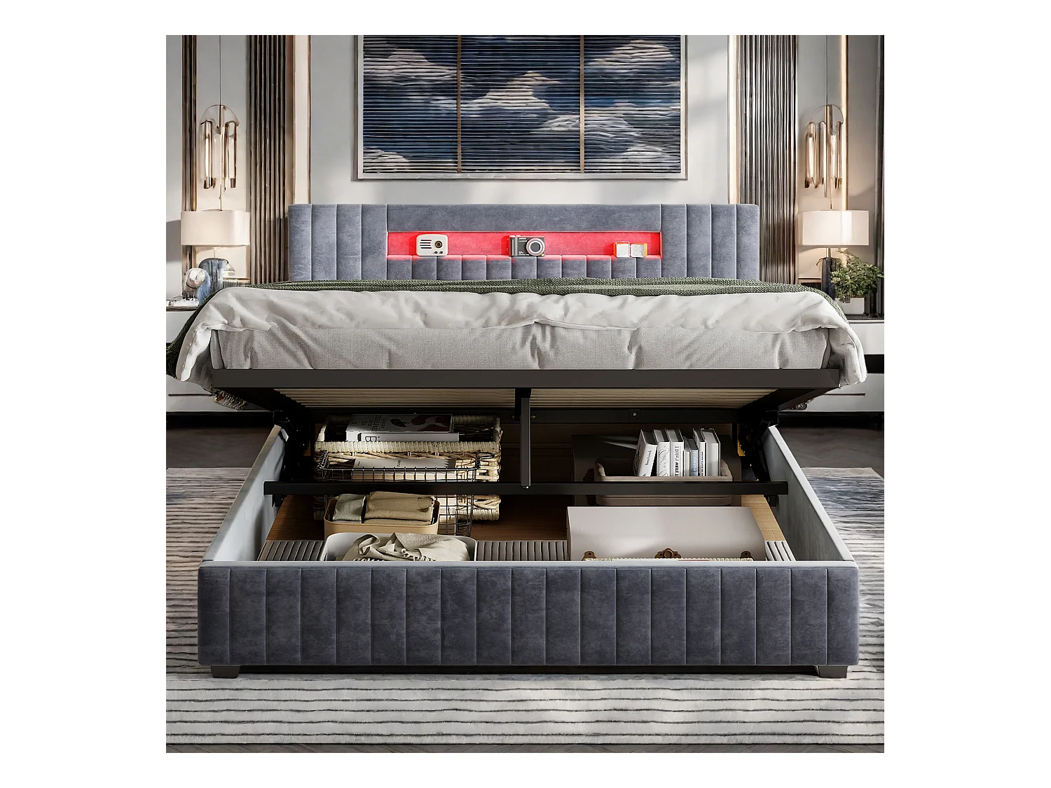 Lit 140x200 cm avec sommier à lattes - NEXU - lit 140x200 cm Capitonné avec LED RGB et coffre - lit adulte 140x200 cm tissu en velours - gris