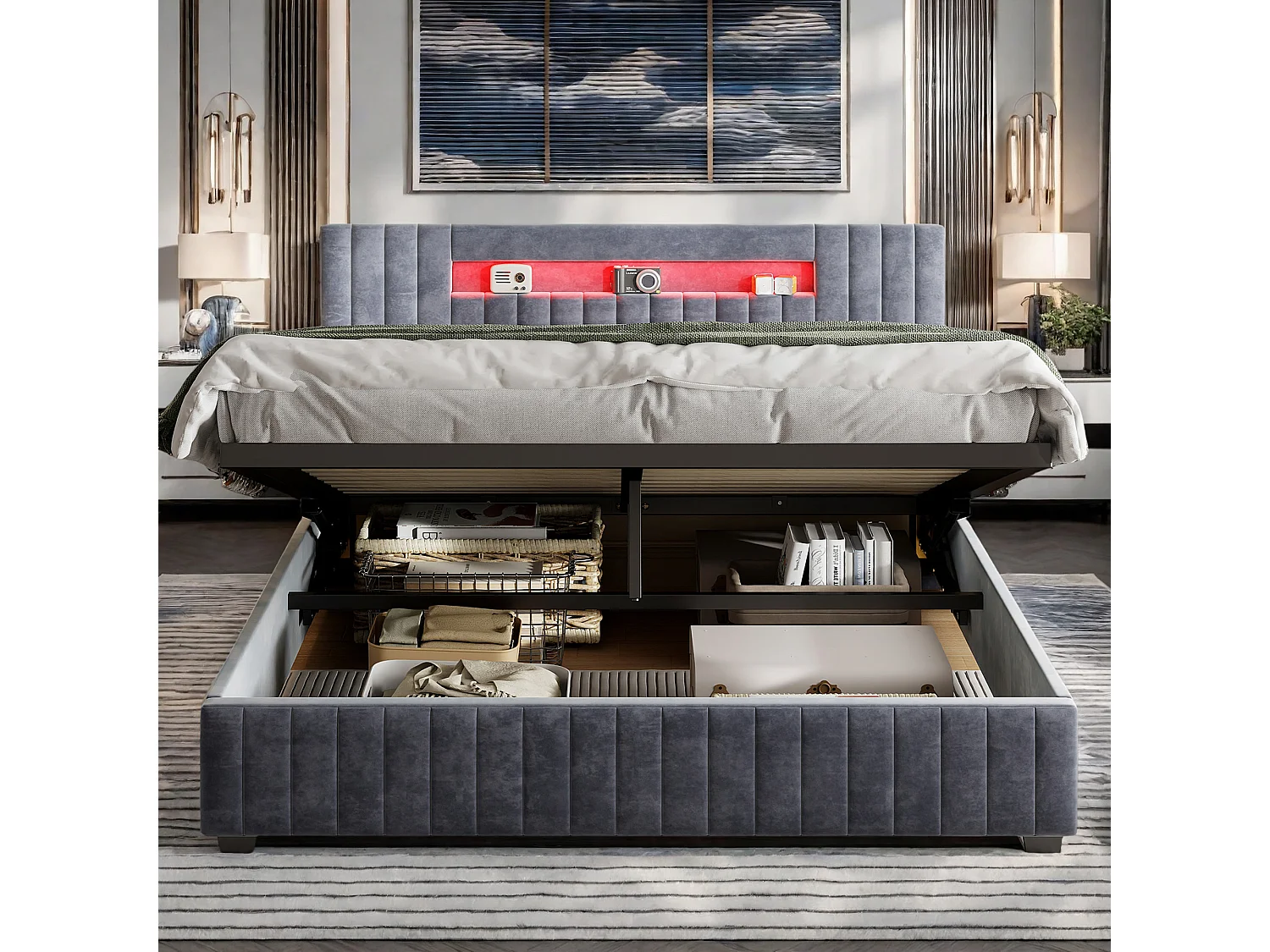 Lit coffre 140x200 cm - avec sommier à lattes et LED - tissu en velours - gris - NEXU