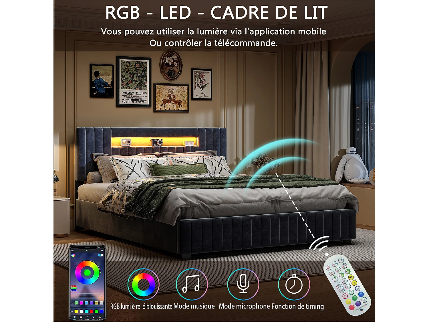 Lit Double Coffre 140x200 cm - Rangement Hydraulique - Tête de Lit Rembourrée en Velours - Éclairage LED  - Sommier à Lattes - Gris