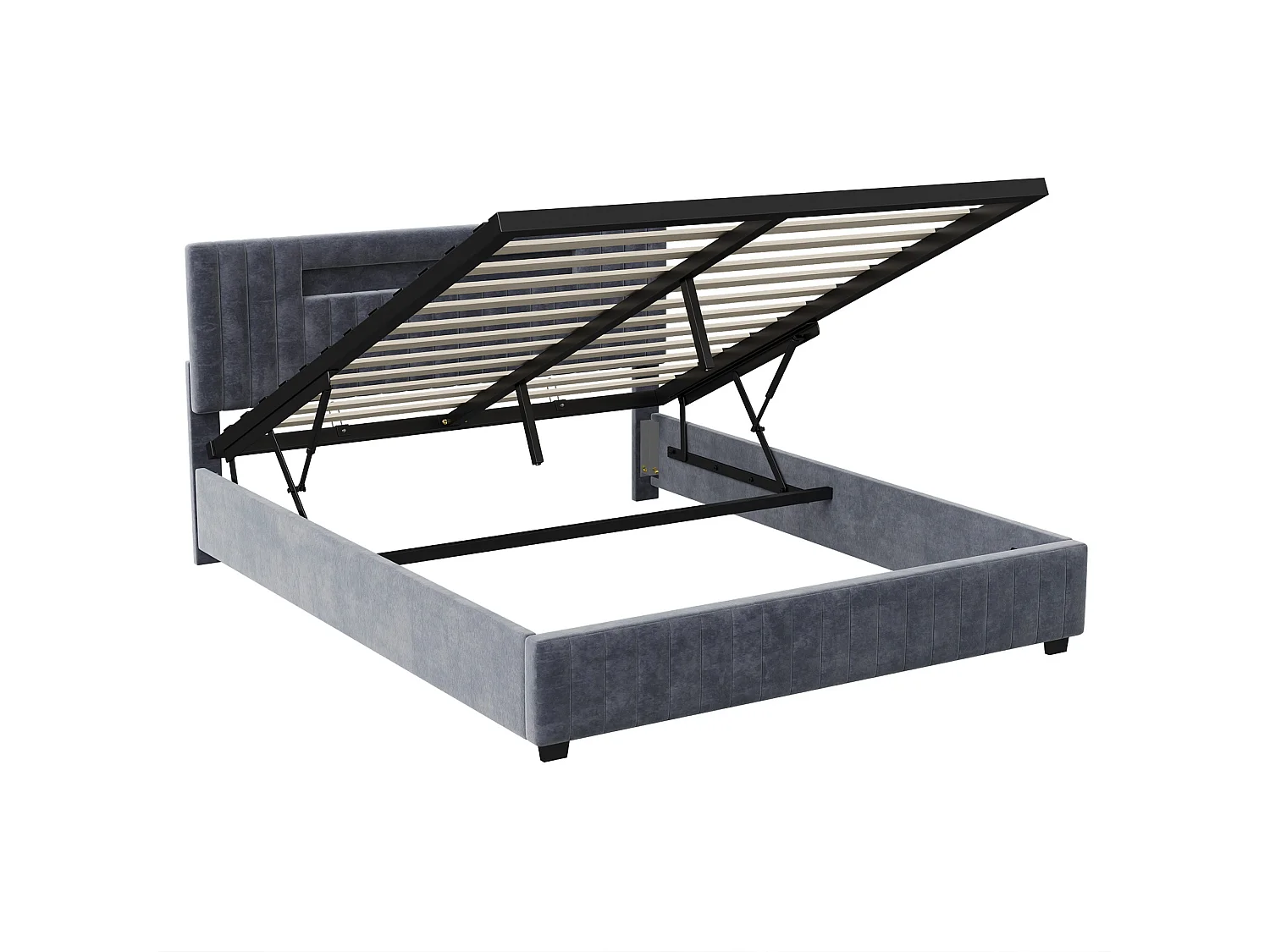 Lit Double Coffre 140x200 cm - Rangement Hydraulique - Tête de Lit Rembourrée en Velours - Éclairage LED  - Sommier à Lattes - Gris