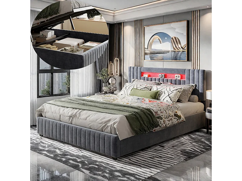 Lit coffre 140x200 cm - avec sommier à lattes et LED - tissu en velours - gris - NEXU