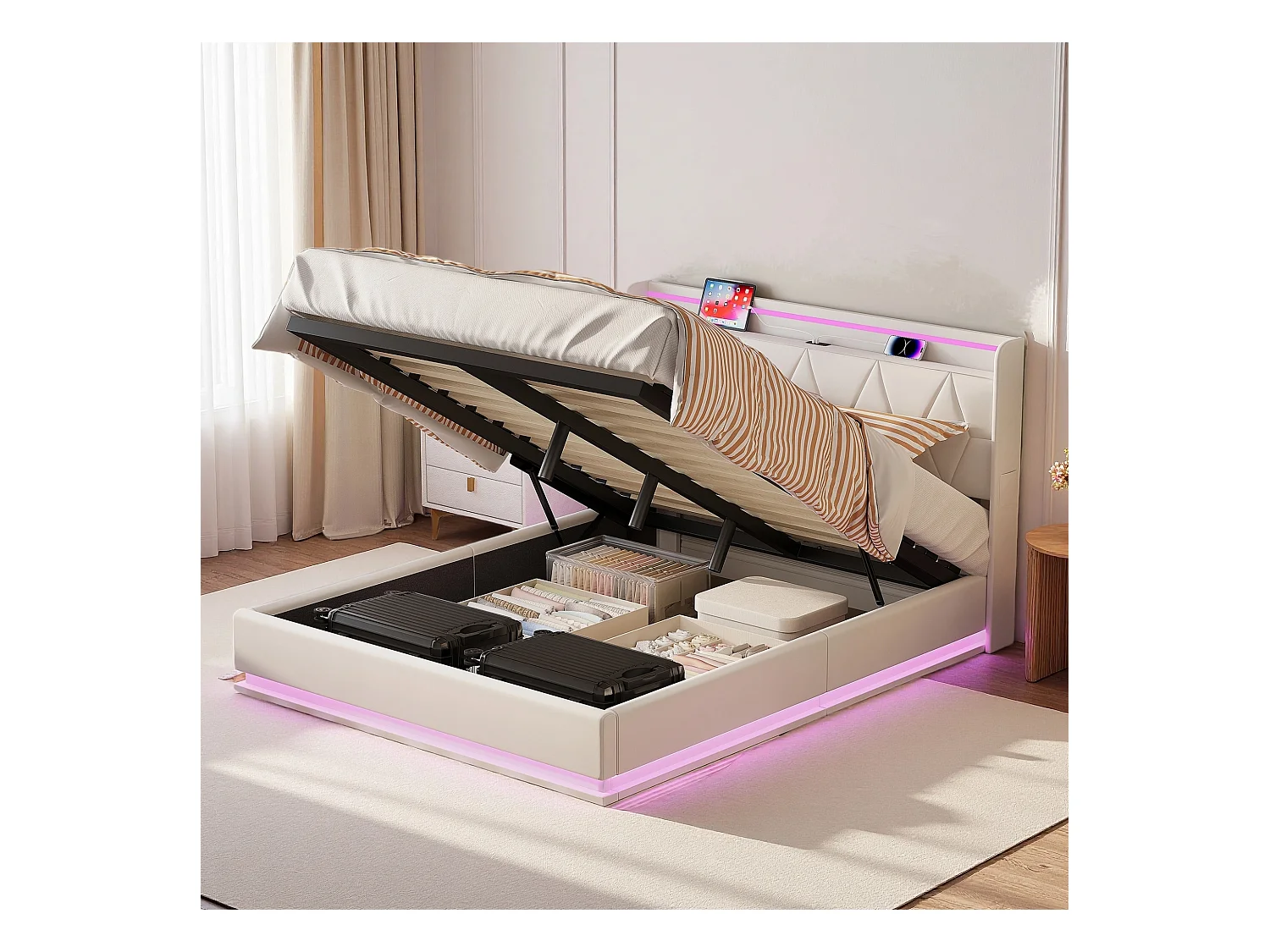 Lit adulte 140x200 cm sommier à lattes - NEXU - LED - USB - lit double 140x200 cm tissu en Velours -cadre de lit coffre 140x200 cm - blanc