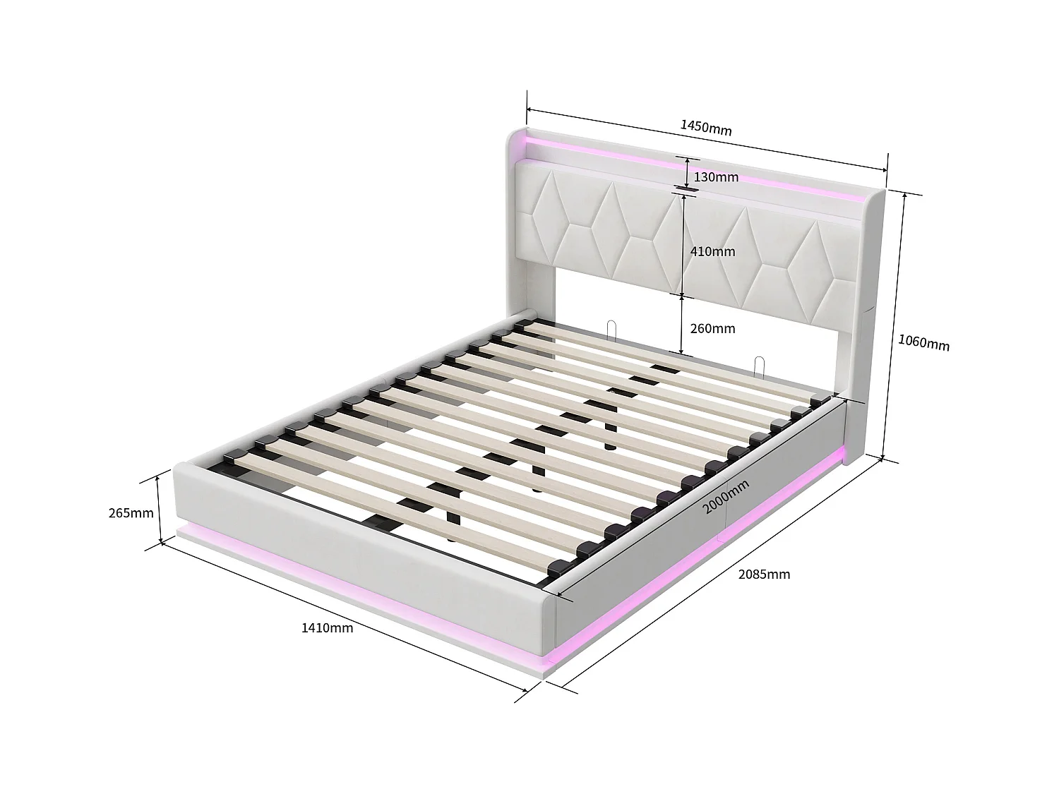 Lit adulte 140x200 cm sommier à lattes - NEXU - LED - USB - lit double 140x200 cm tissu en Velours -cadre de lit coffre 140x200 cm - blanc