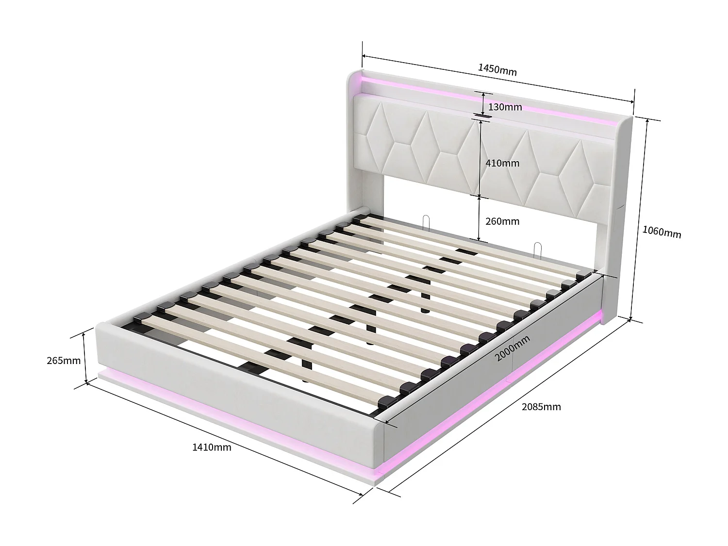Lit adulte 140x200 cm sommier à lattes - NEXU - LED - USB - lit double 140x200 cm tissu en Velours -cadre de lit coffre 140x200 cm - blanc