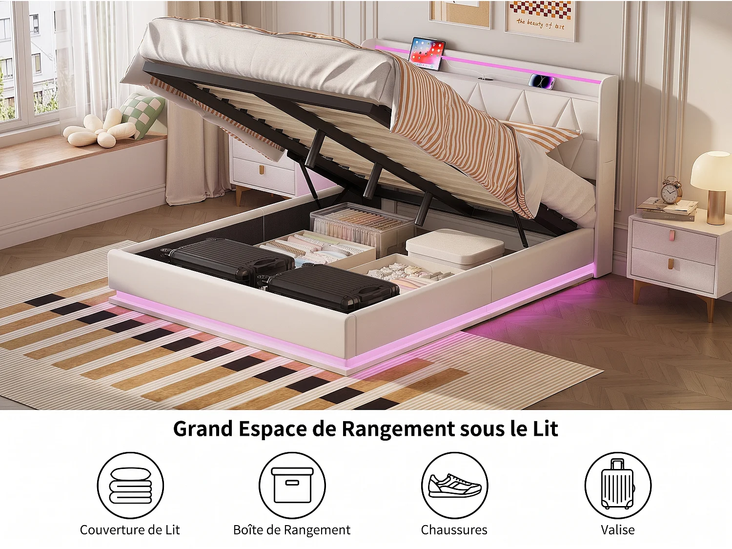 Lit coffre adulte 140x200 cm avec sommier à lattes, LED et USB, lit double en velours blanc