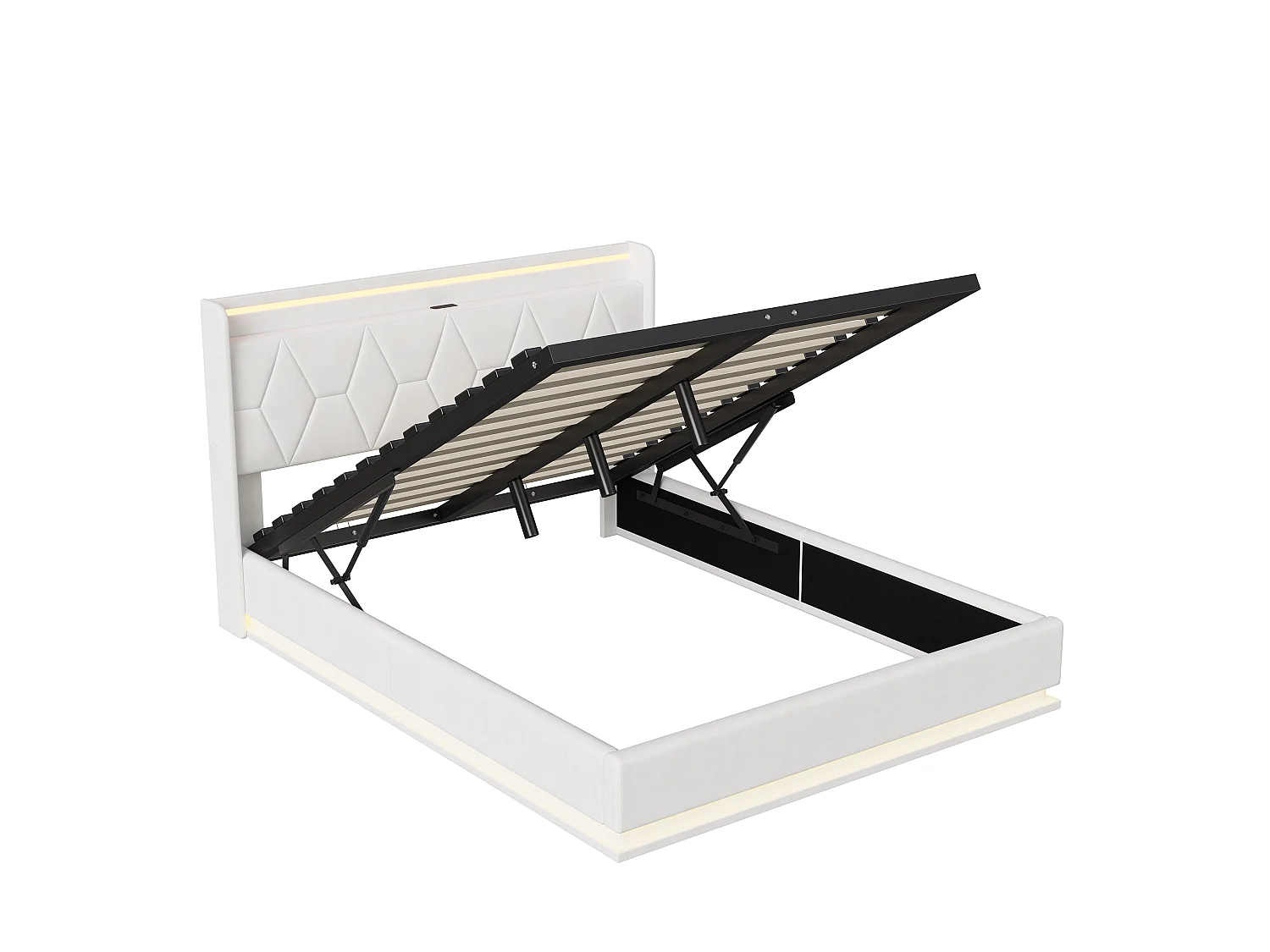 Lit coffre adulte 140x200 cm avec sommier à lattes, LED et USB, lit double en velours blanc