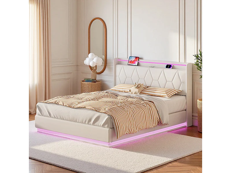 Lit adulte 140x200 cm sommier à lattes - NEXU - LED - USB - lit double 140x200 cm tissu en Velours -cadre de lit coffre 140x200 cm - blanc