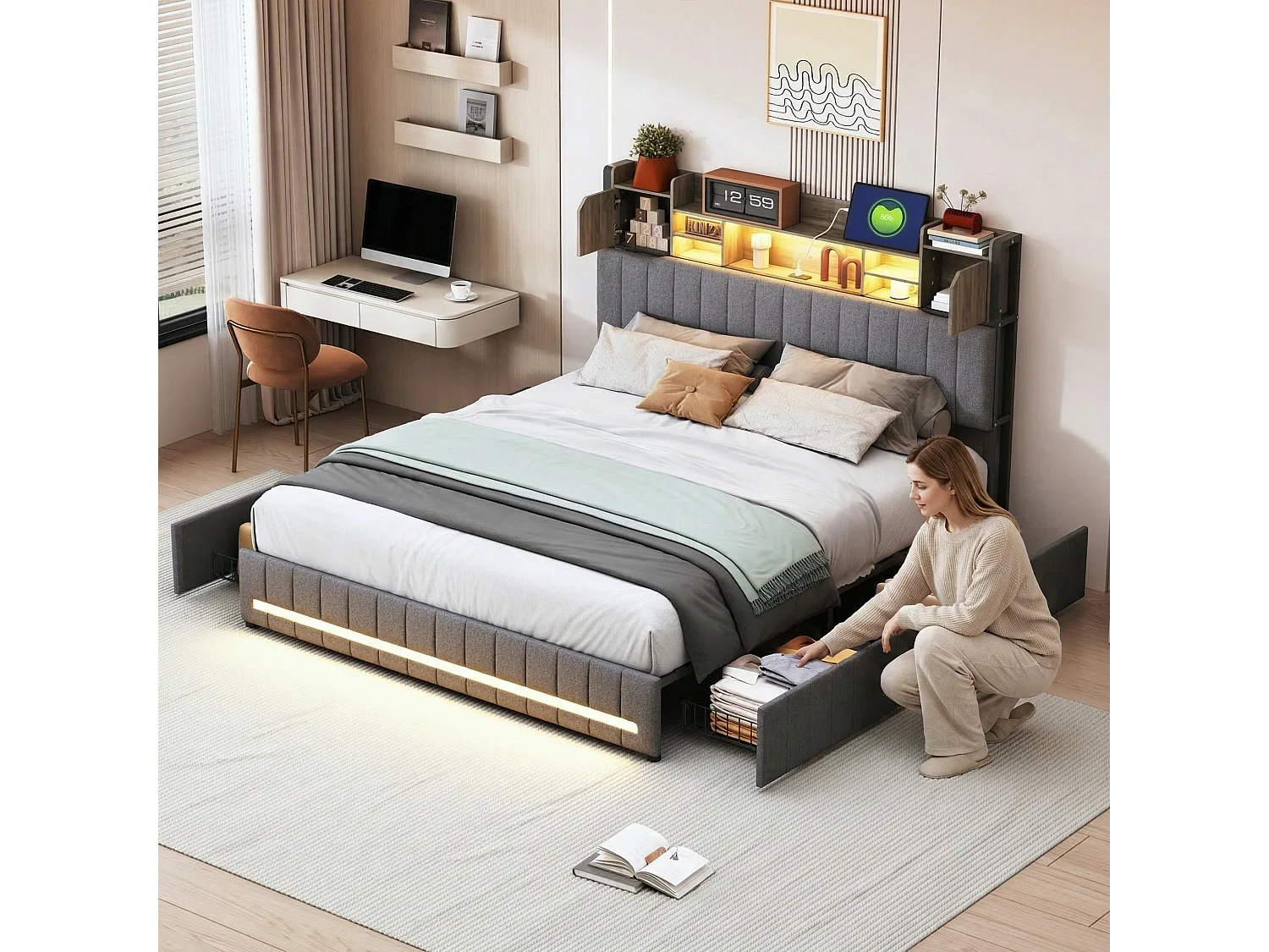 Lit double 160x200 cm avec rangement, sommier à lattes, LED et ports USB et Type-C, revêtement en tissu de lin gris