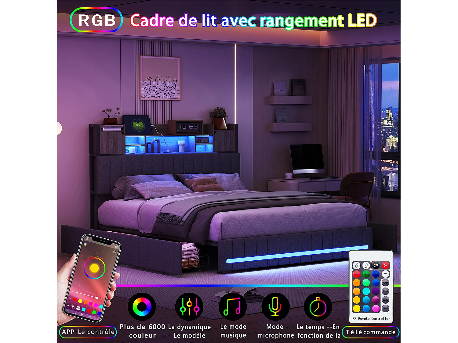 Lit double 160x200 cm avec rangement, sommier à lattes, LED et ports USB et Type-C, revêtement en tissu de lin gris