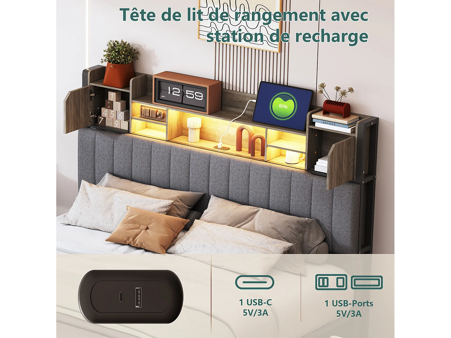 Lit double 160x200 cm avec rangement, sommier à lattes, LED et ports USB et Type-C, revêtement en tissu de lin gris