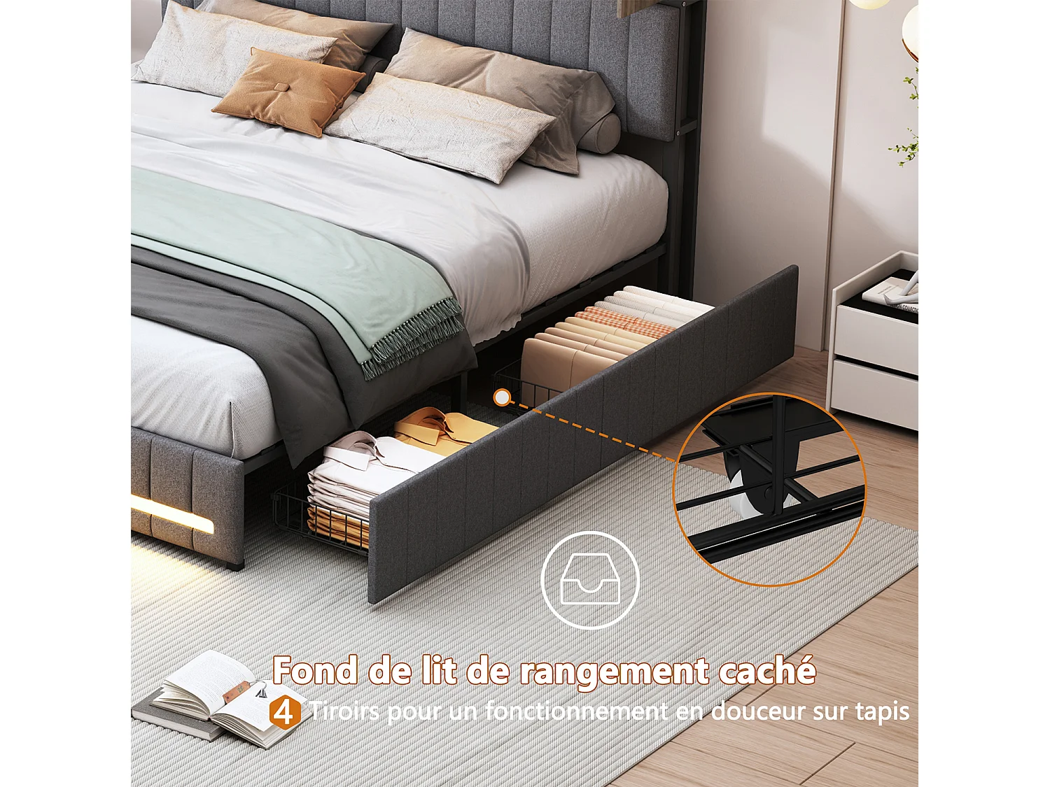 Lit double 160x200 cm avec rangement, sommier à lattes, LED et ports USB et Type-C, revêtement en tissu de lin gris