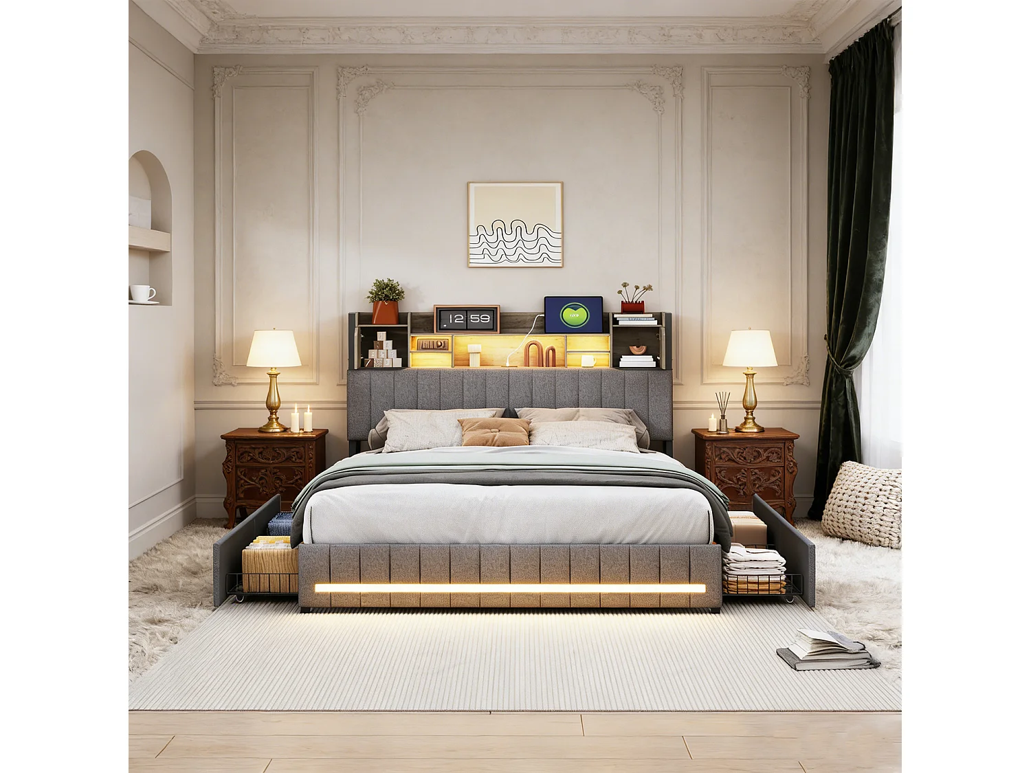 Lit double 160x200 cm avec rangement, sommier à lattes, LED et ports USB et Type-C, revêtement en tissu de lin gris