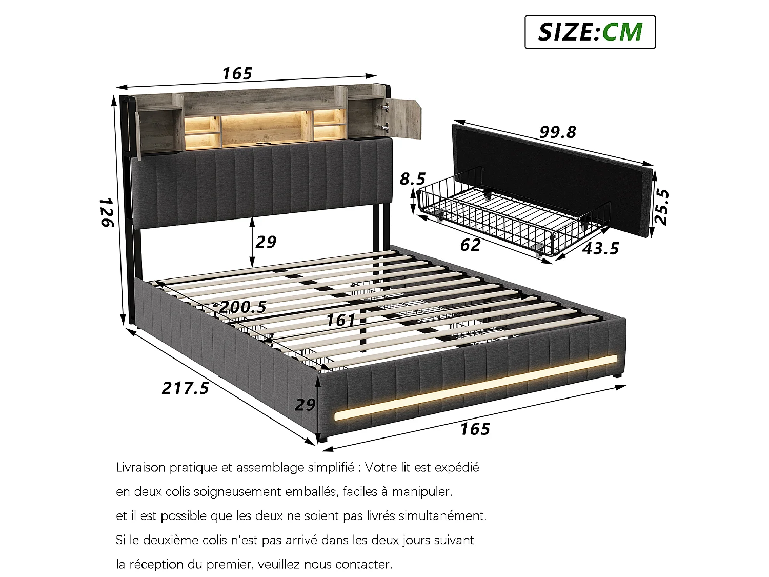 Lit double 160x200 cm avec rangement, sommier à lattes, LED et ports USB et Type-C, revêtement en tissu de lin gris