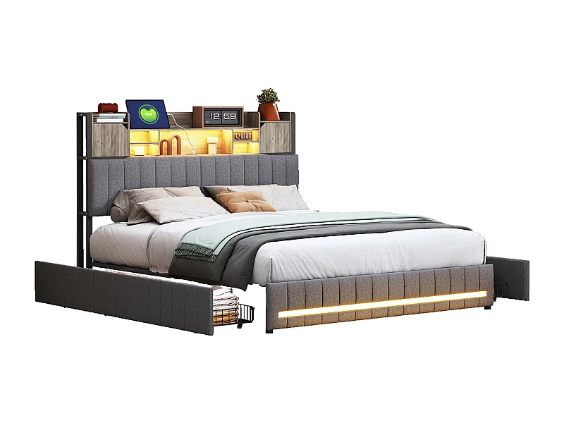 Lit 160x200 cm avec sommier à lattes, LED, USB et Type C, cadre de lit double 160x200 avec rangement, tissu en lin, gris