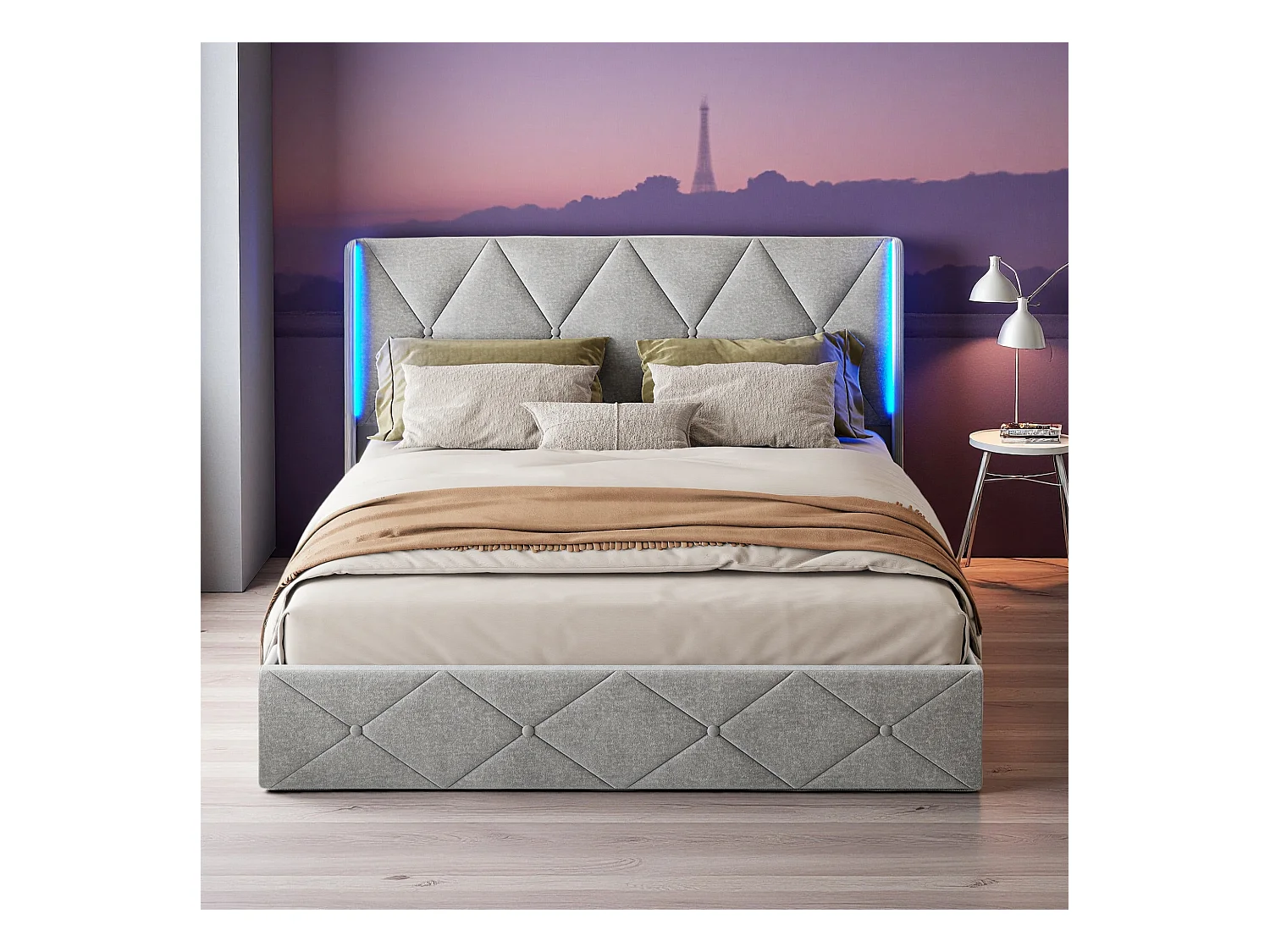 Lit adulte 140x200 cm avec sommier à lattes - NEXU - LED - tissu en velours - cadre de lit coffre 140x200 cm - ​lit de rangement moderne 140x200 - gris glace