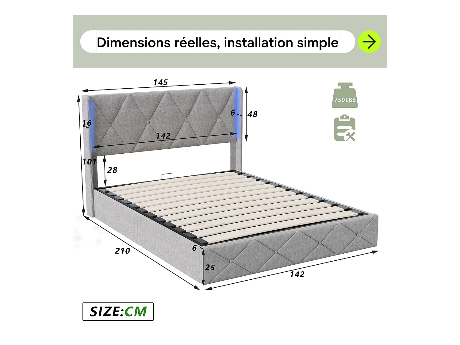 Lit adulte 140x200 cm avec sommier à lattes - NEXU - LED - tissu en velours - cadre de lit coffre 140x200 cm - ​lit de rangement moderne 140x200 - gris glace
