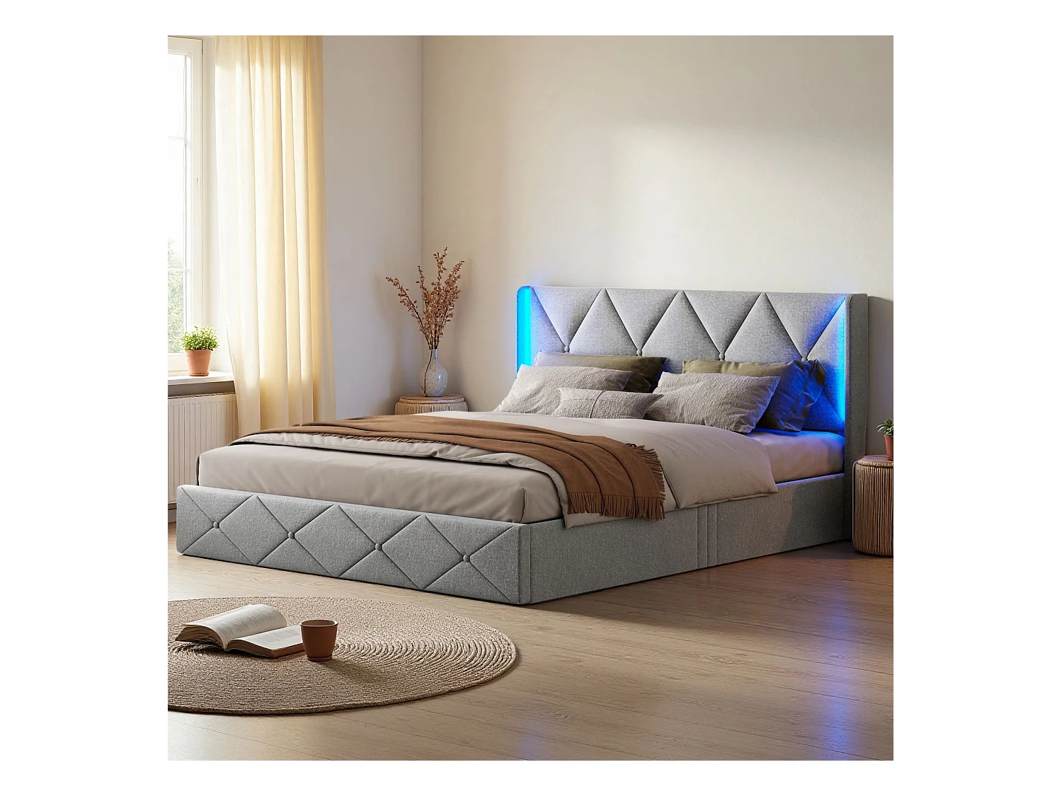 Lit 140x200 cm - NEXU - LED - sommier à lattes - tissu en velours -  cadre de lit coffre 140x200 cm - gris glace