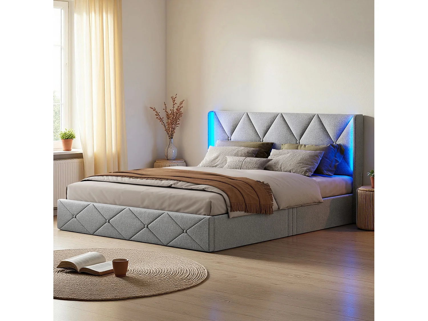 Lit adulte 140x200 cm avec sommier à lattes - NEXU - LED - tissu en velours - cadre de lit coffre 140x200 cm - ​lit de rangement moderne 140x200 - gris glace