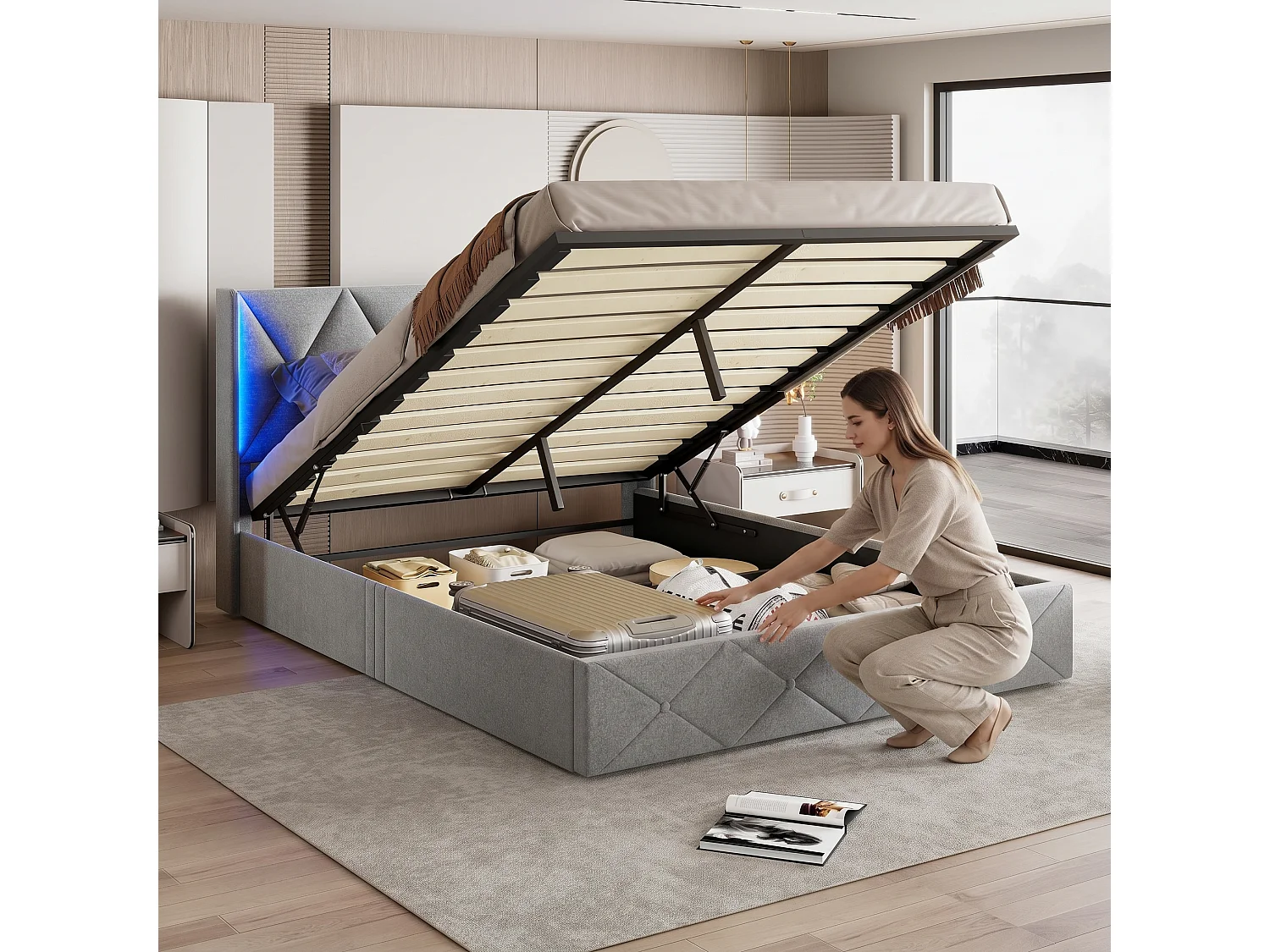 Volwassen bed 140x200 cm met lattenbodem - NEXU - LED - fluwelen stof - bedframe 140x200 cm met opbergruimte - modern bed 140x200 met opbergruimte - ijsgrijs