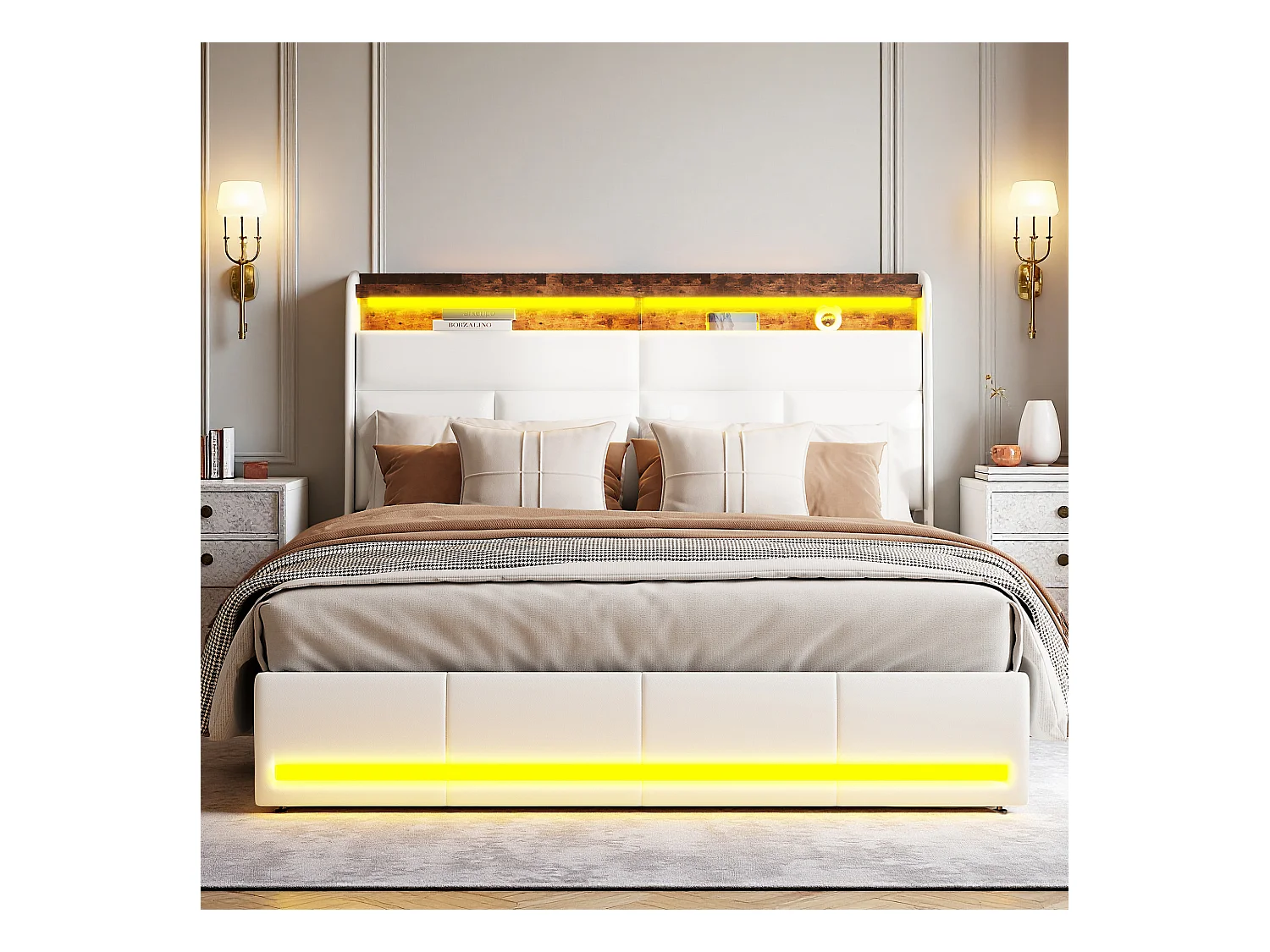 Lit 140x200 cm - NEXU - lit coffre 140x200 cm avec LED - lit double 140x200 cm avec sommier à lattes - tissu en PU - blanc