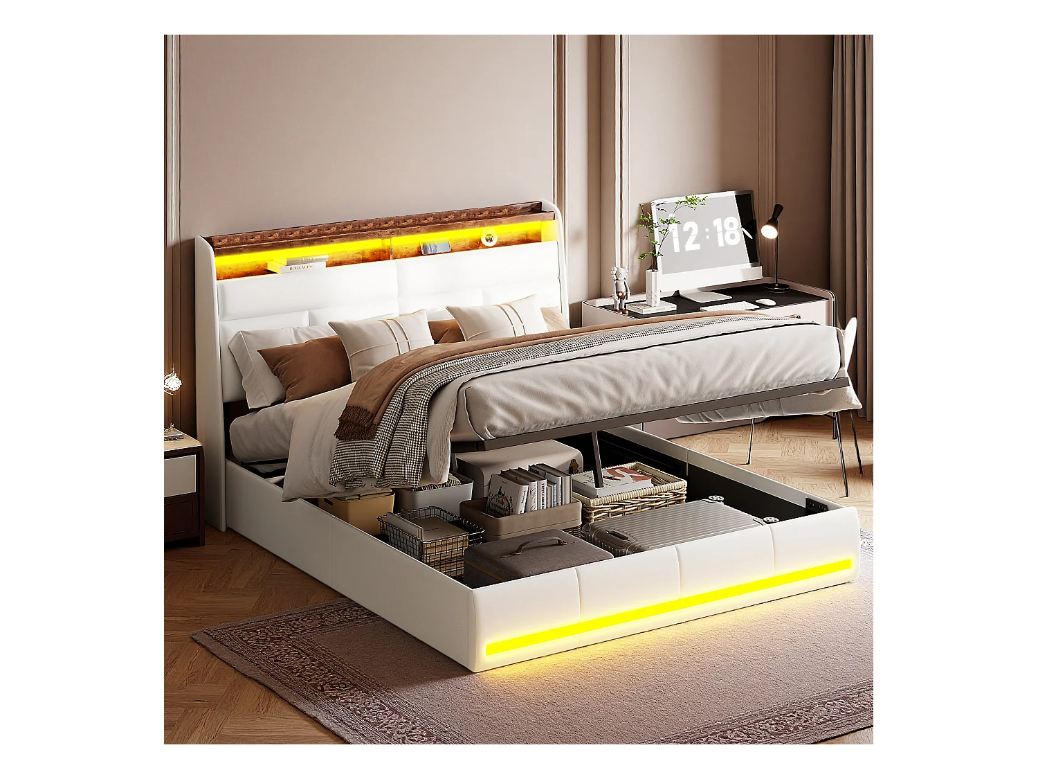 Lit 140x200 cm - NEXU - lit coffre 140x200 cm avec LED - lit double 140x200 cm avec sommier à lattes - tissu en PU - blanc