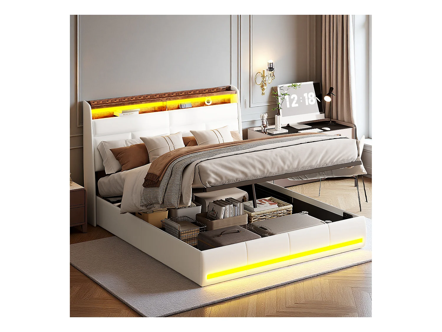 Lit 140x200 cm - NEXU - lit coffre 140x200 cm avec LED - lit double 140x200 cm avec sommier à lattes - tissu en PU - blanc