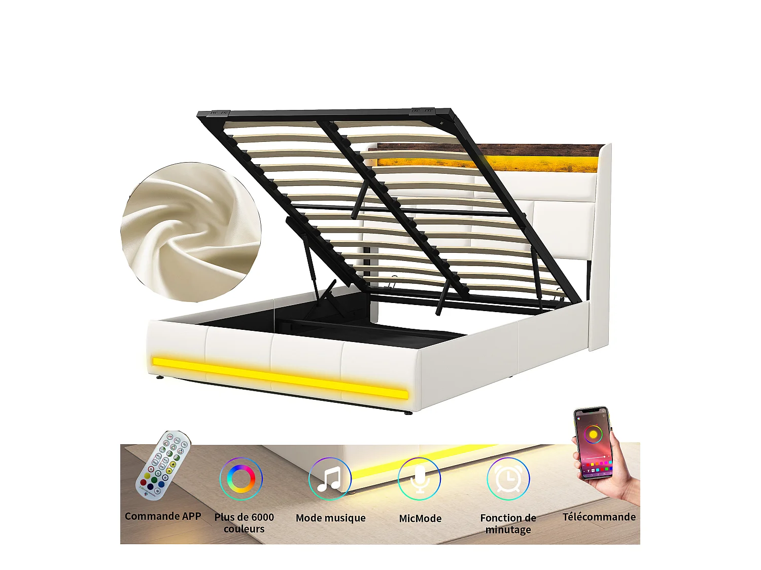 Lit 140x200 cm - NEXU - lit coffre 140x200 cm avec LED - lit double 140x200 cm avec sommier à lattes - tissu en PU - blanc