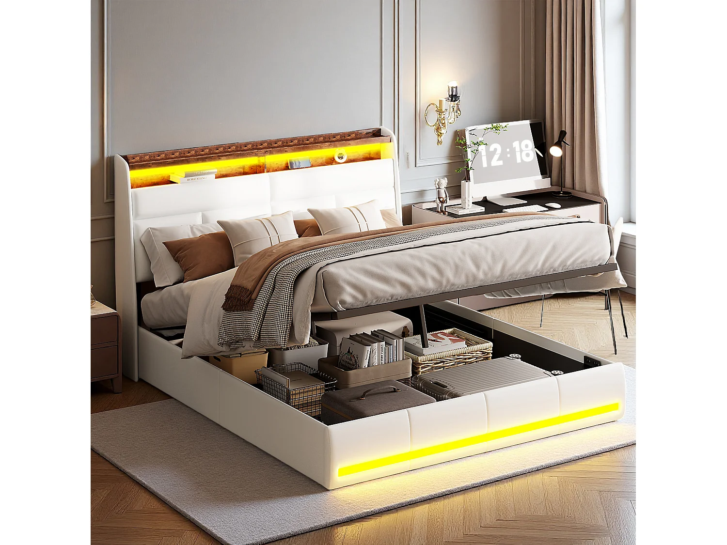 Lit 140x200 cm - NEXU - lit coffre 140x200 cm avec LED - lit double 140x200 cm avec sommier à lattes - tissu en PU - blanc