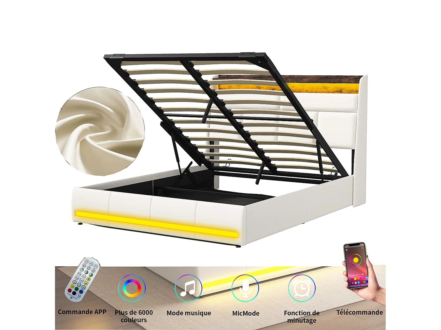 Lit 140x200 cm - NEXU - lit coffre 140x200 cm avec LED - lit double 140x200 cm avec sommier à lattes - tissu en PU - blanc