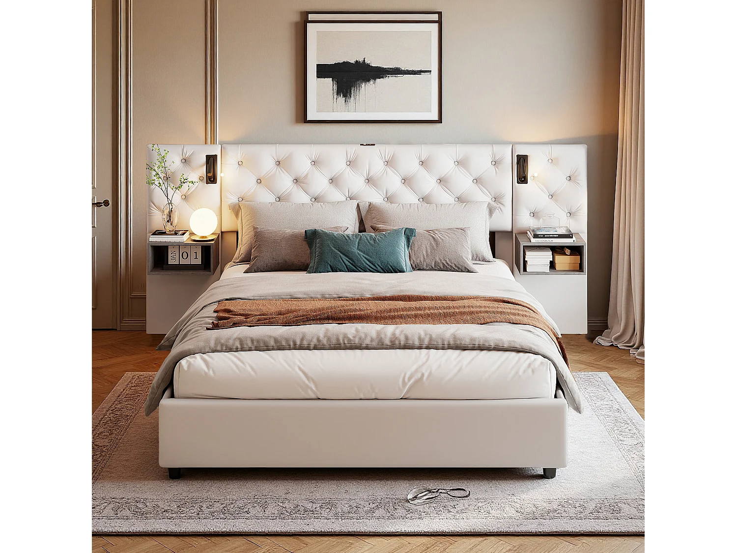 Lit 160x200 cm - NEXU - lit coffre 160x200 cm avec table de chevet - cadre de lit adulte 160x200 cm avec LED et USB - tissu en velours - blanc cassé