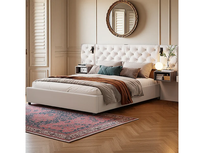 Lit 160x200 cm - NEXU - lit coffre 160x200 cm avec table de chevet - cadre de lit adulte 160x200 cm avec LED et USB - tissu en velours - blanc cassé