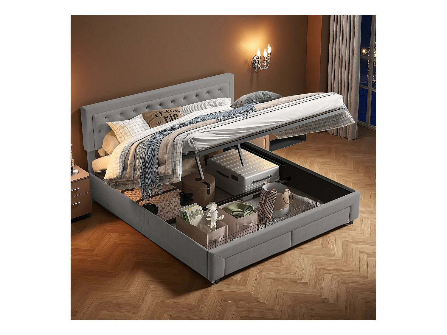 Lit 160x200 cm - NEXU - lit coffre 160x200 cm avec tiroir - lit adulte 160x200 cm avec sommier à lattes - lit double 160x200 cm - tissu en velours - gris