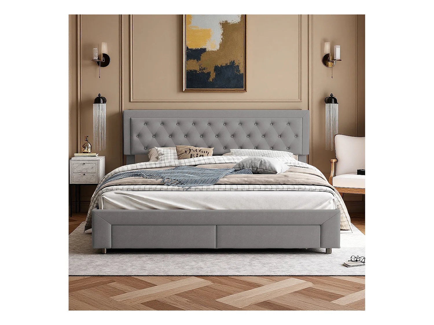 Lit 160x200 cm - NEXU - lit coffre 160x200 cm avec tiroir - lit adulte 160x200 cm avec sommier à lattes - lit double 160x200 cm - tissu en velours - gris