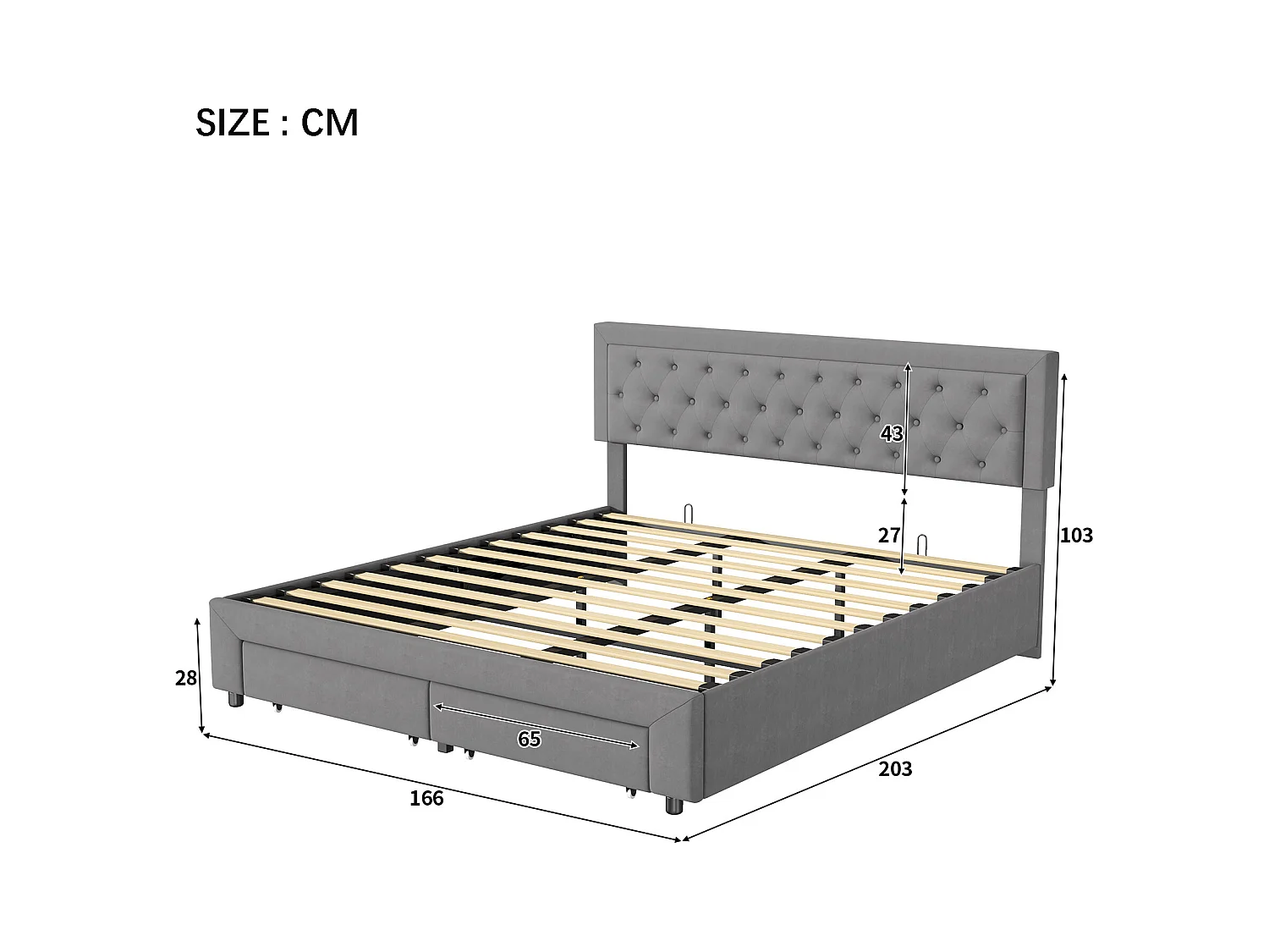 Lit 160x200 cm - NEXU - lit coffre 160x200 cm avec tiroir - lit adulte 160x200 cm avec sommier à lattes - lit double 160x200 cm - tissu en velours - gris