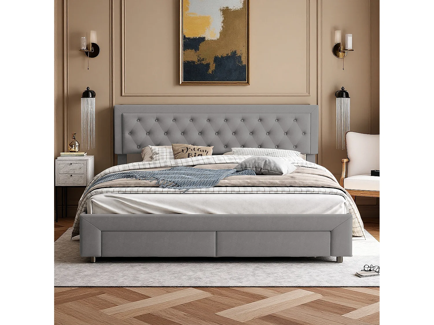 Lit 160x200 cm - NEXU - lit coffre 160x200 cm avec tiroir - lit adulte 160x200 cm avec sommier à lattes - lit double 160x200 cm - tissu en velours - gris