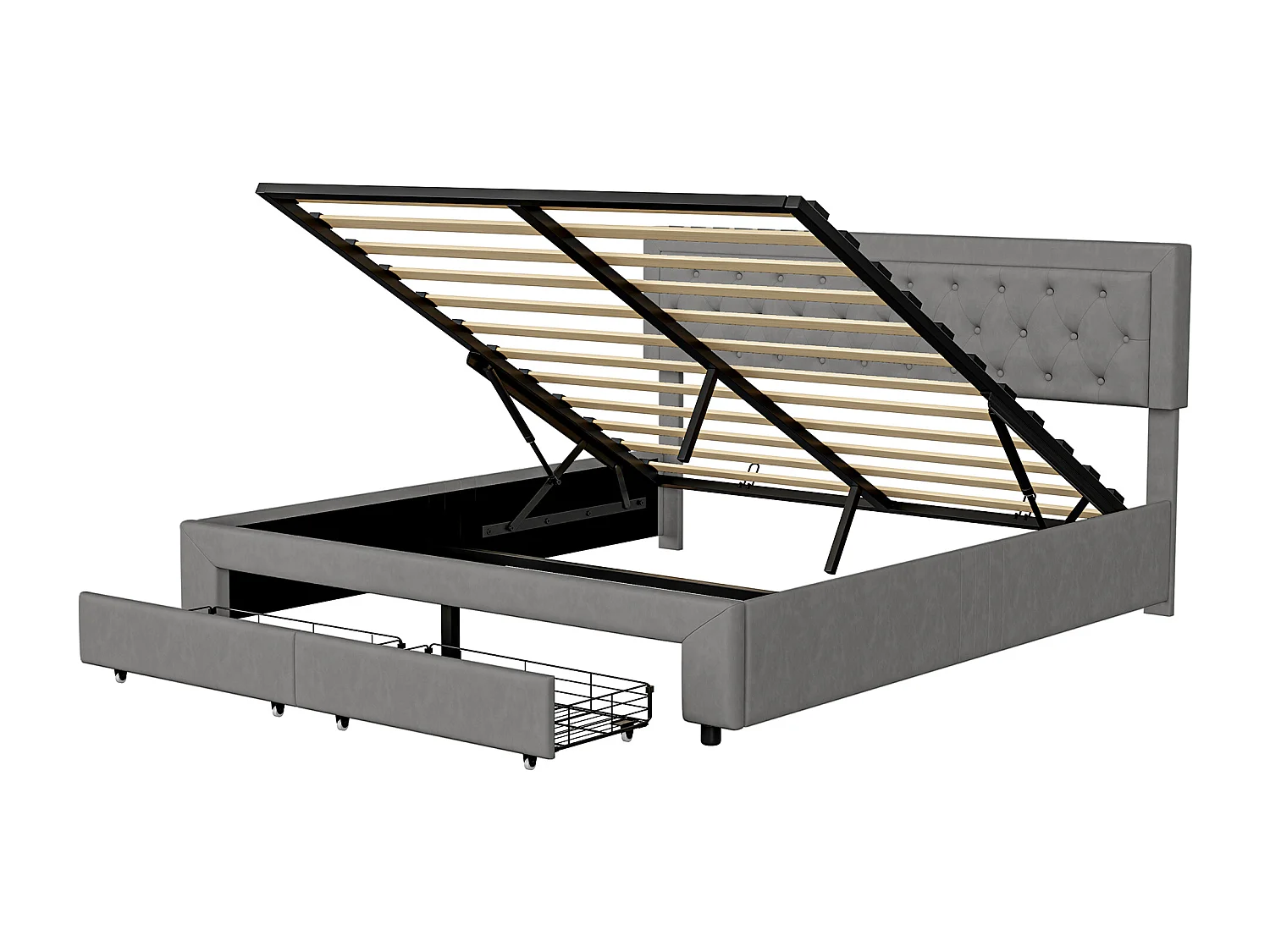 Lit 160x200 cm - NEXU - lit coffre 160x200 cm avec tiroir - lit adulte 160x200 cm avec sommier à lattes - lit double 160x200 cm - tissu en velours - gris