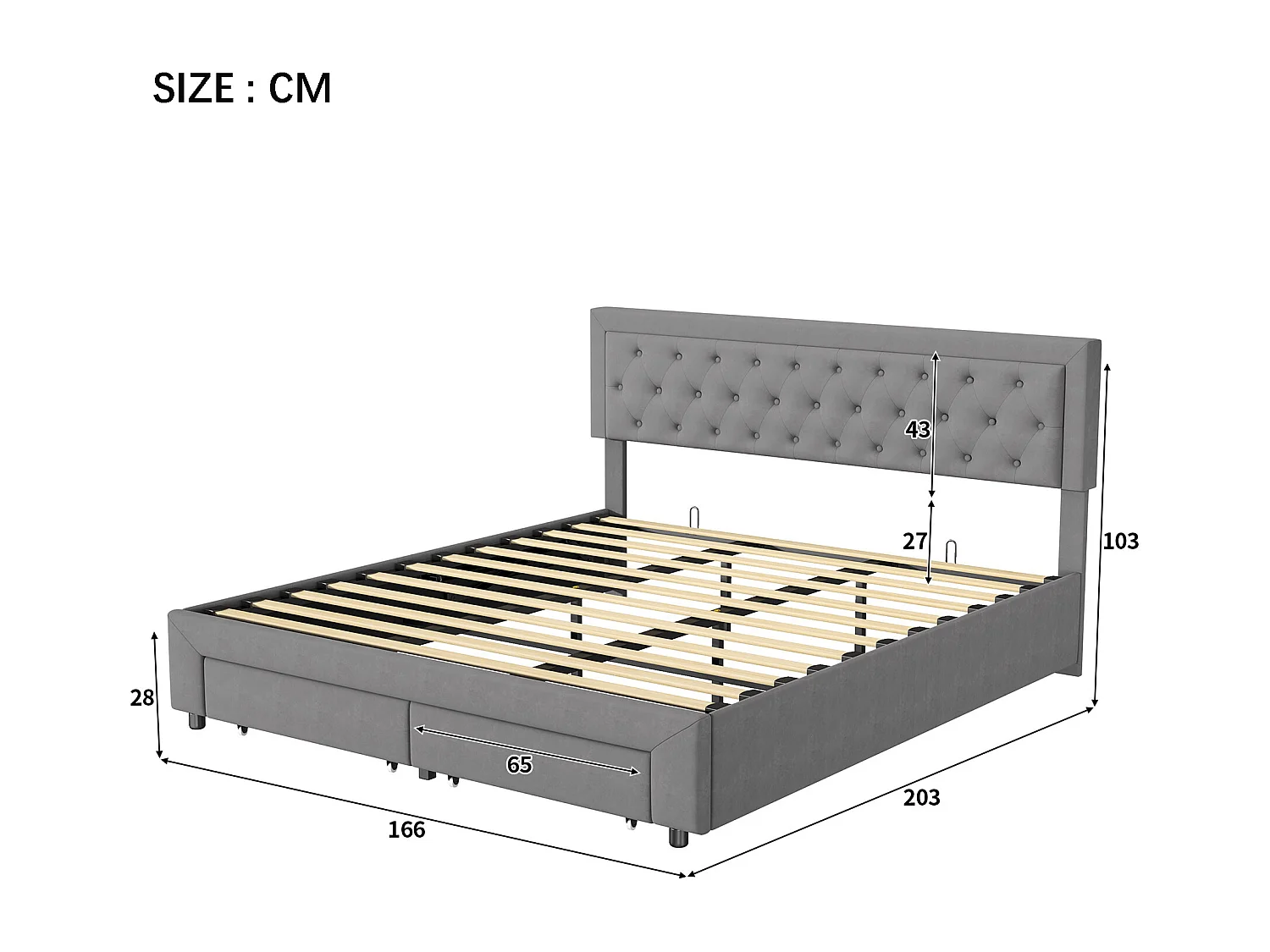 Lit 160x200 cm - NEXU - lit coffre 160x200 cm avec tiroir - lit adulte 160x200 cm avec sommier à lattes - lit double 160x200 cm - tissu en velours - gris